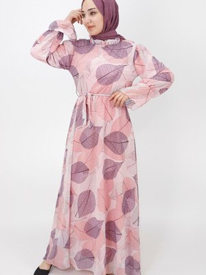 Pudra Yaprak Desenli Büzgü Detaylı Şifon Elbise Pudra Yaprak Desenli Büzgü Detaylı Şifon Elbise