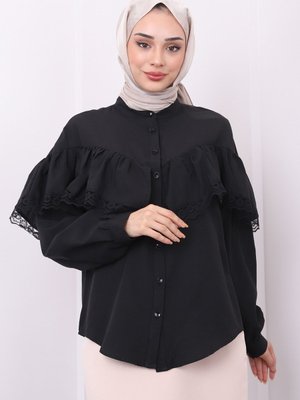 Siyah Fırfırlı Dantel Detaylı Gömlek