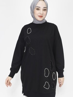 Siyah İp Kumaş Taş Ve Nakış Detaylı Sweatshirt Siyah İp Kumaş Taş Ve Nakış Detaylı Sweatshirt