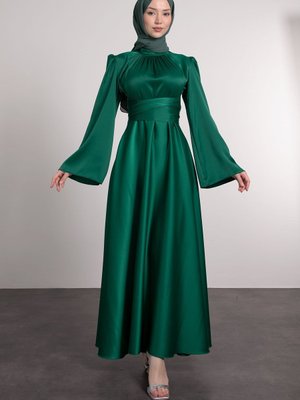 İspanyol Kol Beli Dolamalı Saten Abiye Elbise