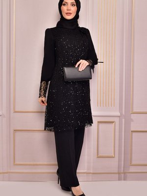 File Pullu Abiye Takım Elbise Siyah