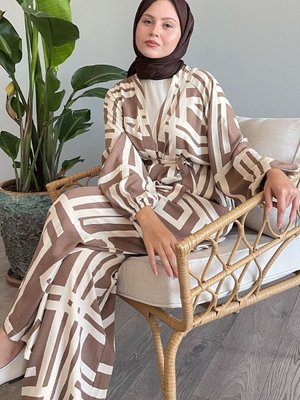 Şeritli İkili Bej Viskon Takım
