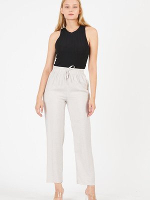 Krem Çizgili Viskon Pantolon