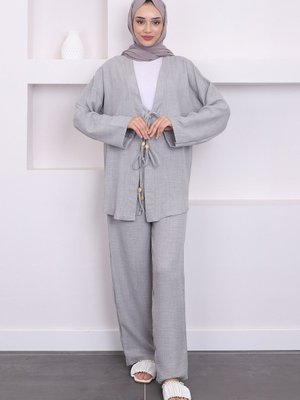 Gri Bağlamalı Keten Kimono Pantolon Takım