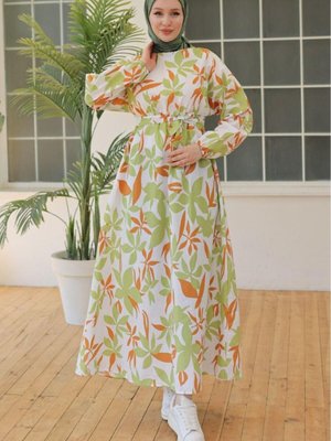 Yeşil Çiçek Desenli Keten Elbise Yeşil Çiçek Desenli Keten Elbise