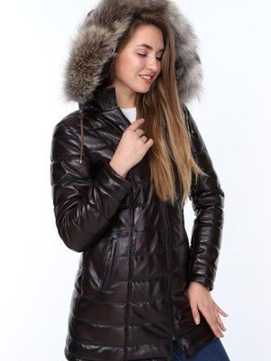 Kahverengi Hakiki Deri Kapüşonlu Breet Kürklü Ceket