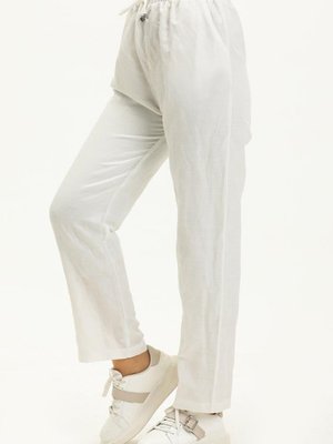 Ekru Beli Lastikli Cepli Keten Pantolon