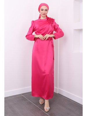 Fuşya Ön Detaylı Bronşlu Saten Abiye Elbise