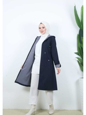 Kadın Yeni Sezon Kol Çizgili Astarlı Cepli Trenç Kot Kadın Yeni Sezon Kol Çizgili Astarlı Cepli Trenç Kot