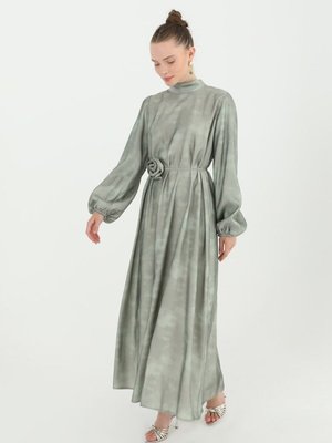 Çağla Saten Kumaş Beli Kemerli Balon Kol Abiye Elbise