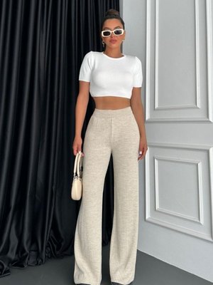 Bej Triko Beli Lastikli Fitilli Pantolon