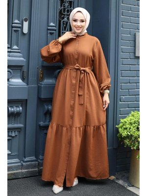 Kahverengi Düğmeli Kat Detaylı Ferace