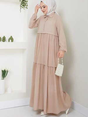 Bej Viskon Kumaş Yaka Gömlek Elbise