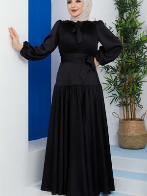 Siyah Göğüs Pileli Saten Abiye Elbise