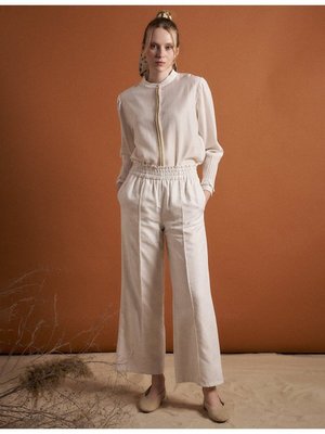 Beli Lastikli Keten Pantolon Ekru