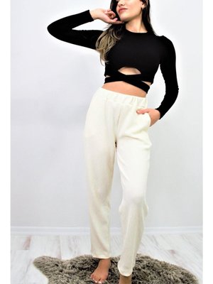 Ekru Beyaz Yumuşak Dokulu Yüksel Bel Beli Lastikli Esnek Rahat Pantolon