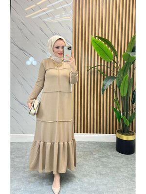 Bej Nervür Detaylı Elbise