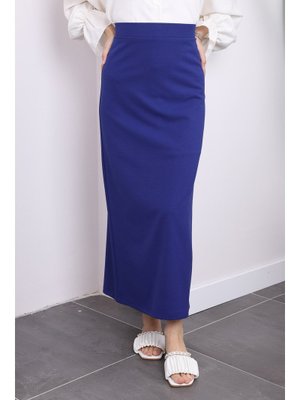 Saks Mavisi Bel Lastikli Uzun Kalem Etek Saks Mavisi Bel Lastikli Uzun Kalem Etek