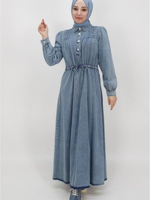 Buz Mavi Beli Bağcıklı Ve Düğmeli Yaka Detaylı Kot Kumaş Spor Elbise Buz Mavi Beli Bağcıklı Ve Düğmeli Yaka Detaylı Kot Kumaş Spor Elbise