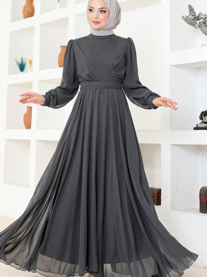 Şifon Abiye Elbise Gri Şifon Abiye Elbise Gri