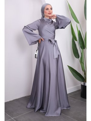 Gri Ön Bağlamlı Kol Volanlı Saten Abiye Elbise