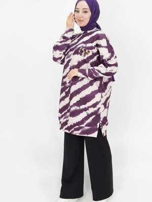 Mor Scuba Kumaş Zebra Desenli Sweatshirt