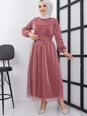 Gül Kurusu Parla Simli Abiye Elbise