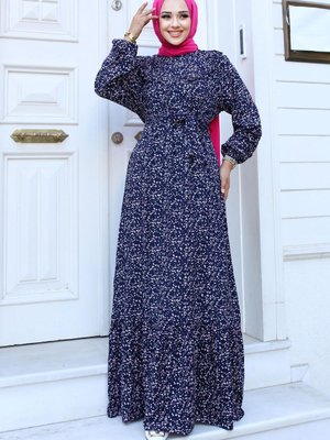 Önü Fırfır Detaylı Çiçekli Viskon Elbise Lacivert