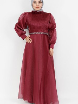 Mürdüm Dalya Kumaş Kemeri Taşlı Abiye Elbise Mürdüm Dalya Kumaş Kemeri Taşlı Abiye Elbise