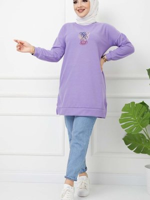 Lila Skulent İşlemeli Tunik