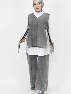 Gri Taş Detaylı Kot Kumaş 3lü Takım Gri Taş Detaylı Kot Kumaş 3lü Takım
