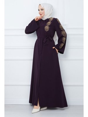 Mürdüm Kolu Boncuk İşlemeli Kuşaklı Ferace Mürdüm Kolu Boncuk İşlemeli Kuşaklı Ferace