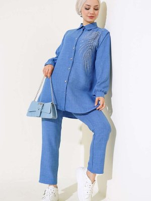 İndigo Taş Detaylı Keten Takım