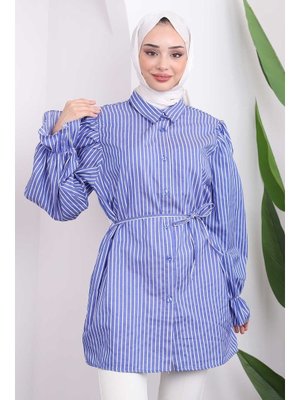 Saks Mavisi Kol Lastikli Beli İpli Çizgili Tunik Saks Mavisi Kol Lastikli Beli İpli Çizgili Tunik