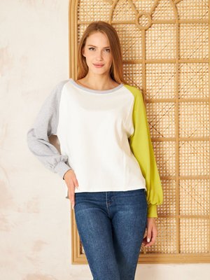 Beyaz Fıstık Yeşil Gri Yuvarlak Yaka Dikiş Detaylı Uzun Kollu Bluz Sweatshirt