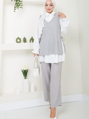 Gri Keten Kumaş Yandan Bağlamalı Gömlekli Taş İşlemeli 3lü Takım