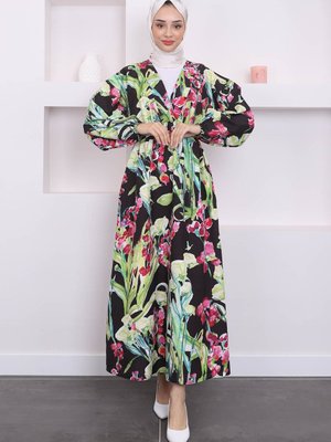 Siyah/fuşya Kol Bel Lastikli Desenli Elbise Siyah/fuşya Kol Bel Lastikli Desenli Elbise