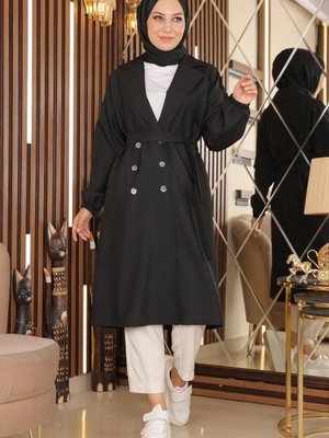 Siyah Düğme Detaylı Trençkot