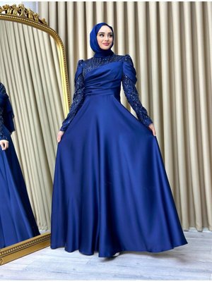 Kadın Lacivert Tesettur Saten Abiye Elbise