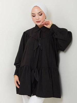 Siyah Fiyonk Detaylı Gömlek Yaka Tunik Siyah Fiyonk Detaylı Gömlek Yaka Tunik