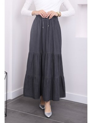 Antrasit Bel Lastikli Katlı Kot Etek