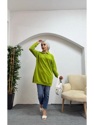 Rahat Kesim Polo Yaka Fermuarlı Yeşil Tunik