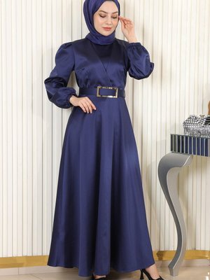 İndigo Kemerli Saten Abiye Elbise İndigo Kemerli Saten Abiye Elbise