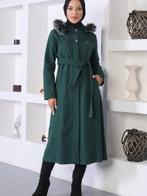 Zümrüt Fermuar Detaylı Kaşe Kaban