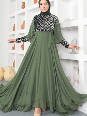 Haki Pulpayetli Şifon Abiye Elbise Haki Pulpayetli Şifon Abiye Elbise