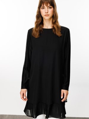 Ön Bedeni Aller Şifon Kaplı Alt Kısmı Pilise İçi Penye Uzun Kol Tunik Bluz Siyah