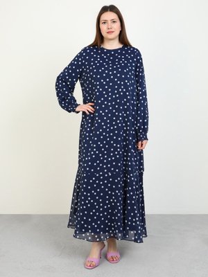 Bej Büyük Beden Puantiyeli Desenli Şifon Elbise Lacivert