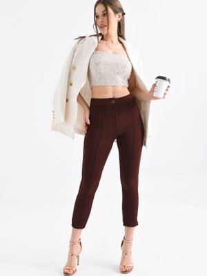 Kahverengi Yüksek Bel Toparlayıcı Dar Paça Çimalı Kumaş Pantolon