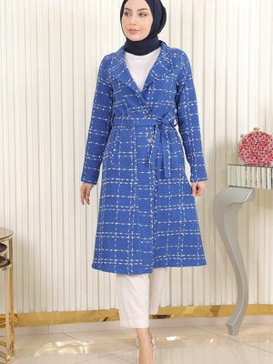 İndigo Kemer Detaylı Düğmeli Kaşe Kaban