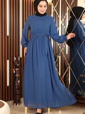 İndigo Manşeti Lastikli Şifon Abiye Elbise